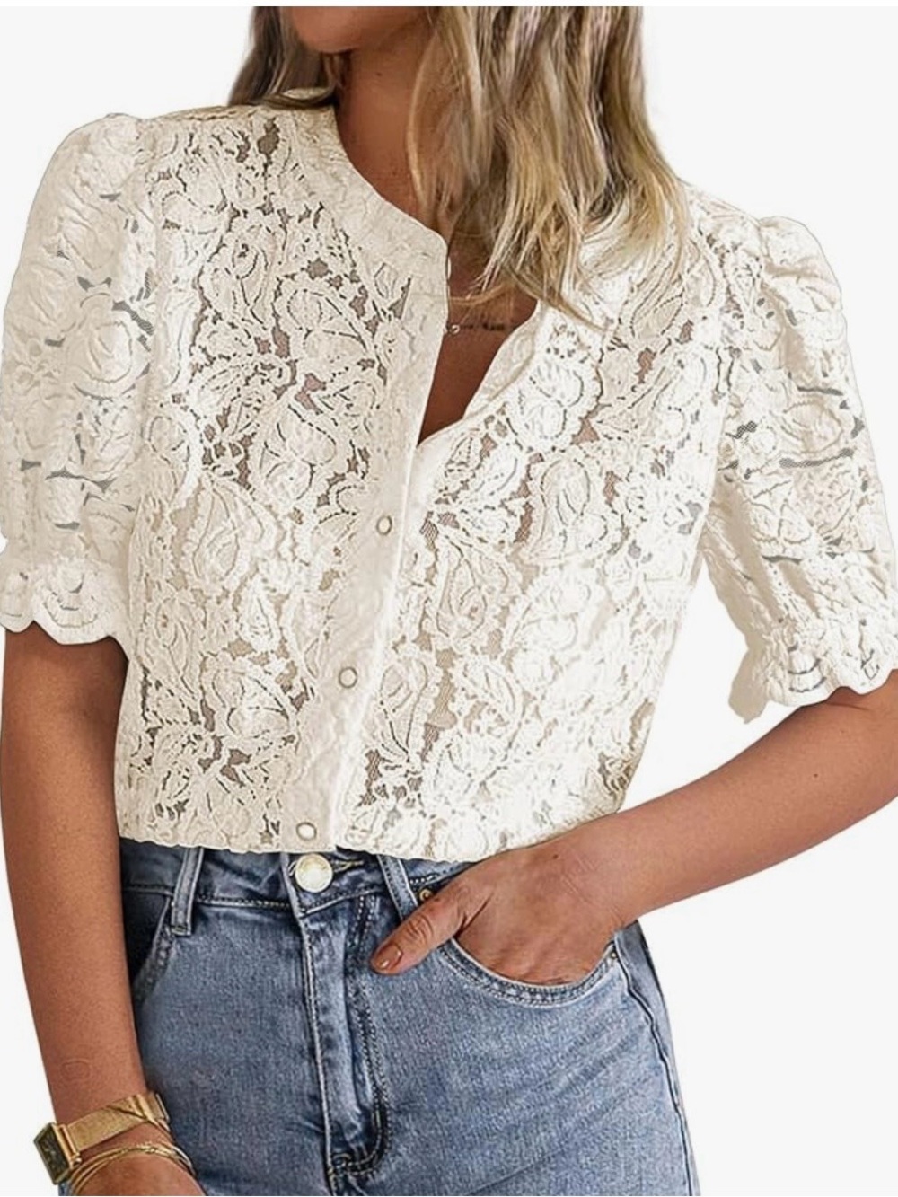 Women's Ivory Lace Button-Front Short Sleeve Top